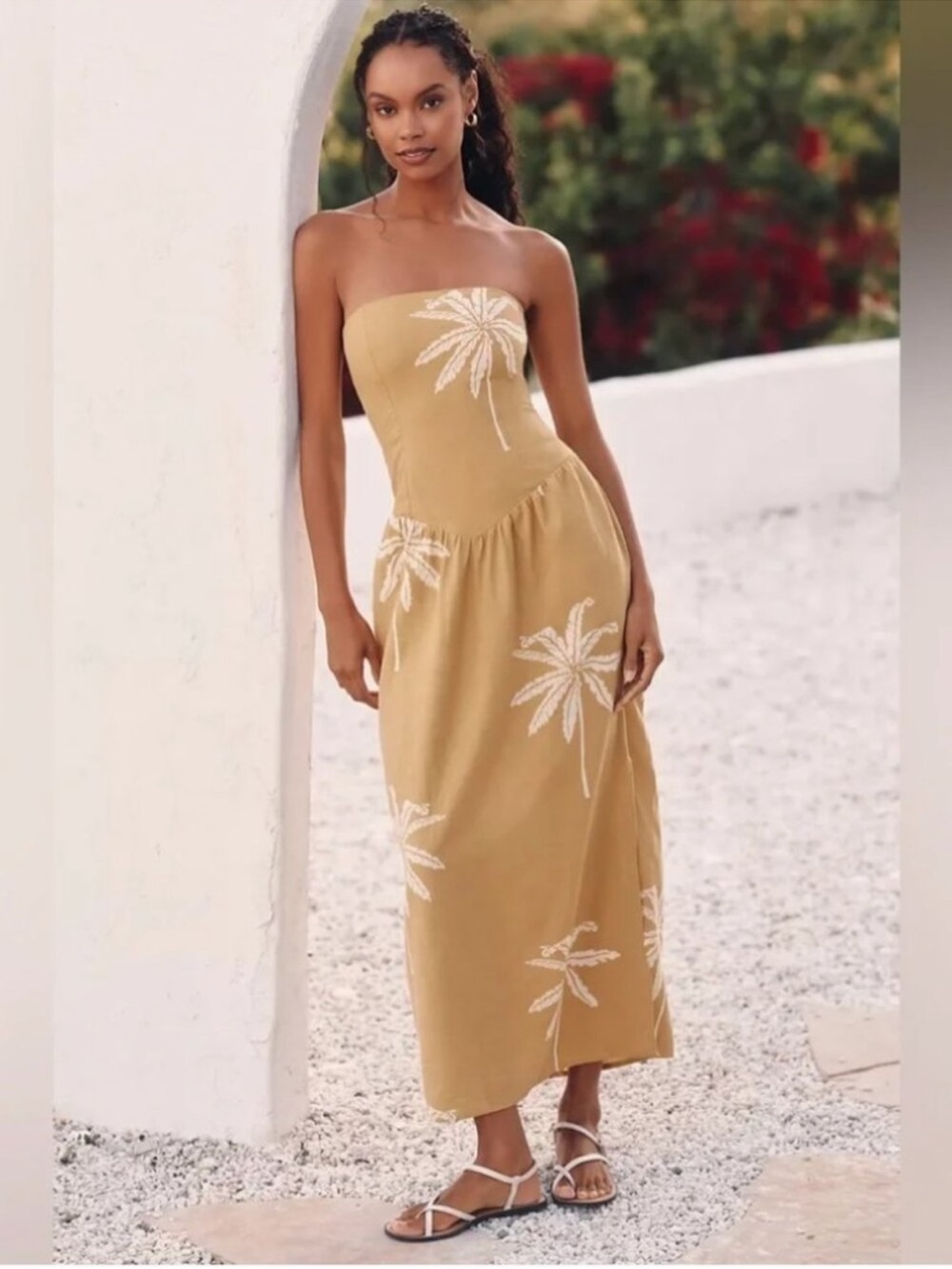 Anthropologie Celandine Linen Blend Strapless Drop-Waist Midi Dress